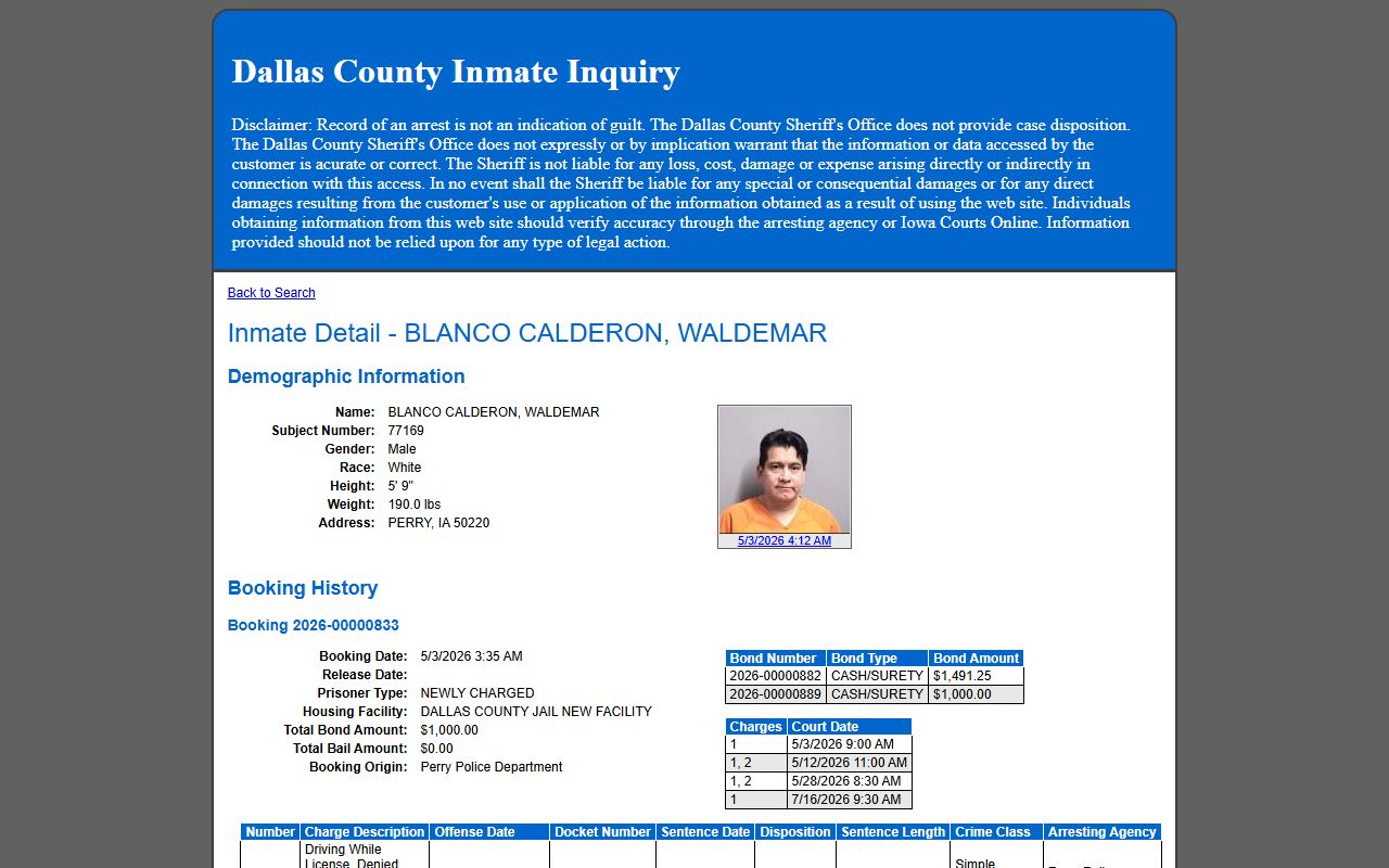 Dallas County inmate records detail profile with booking photo and charges