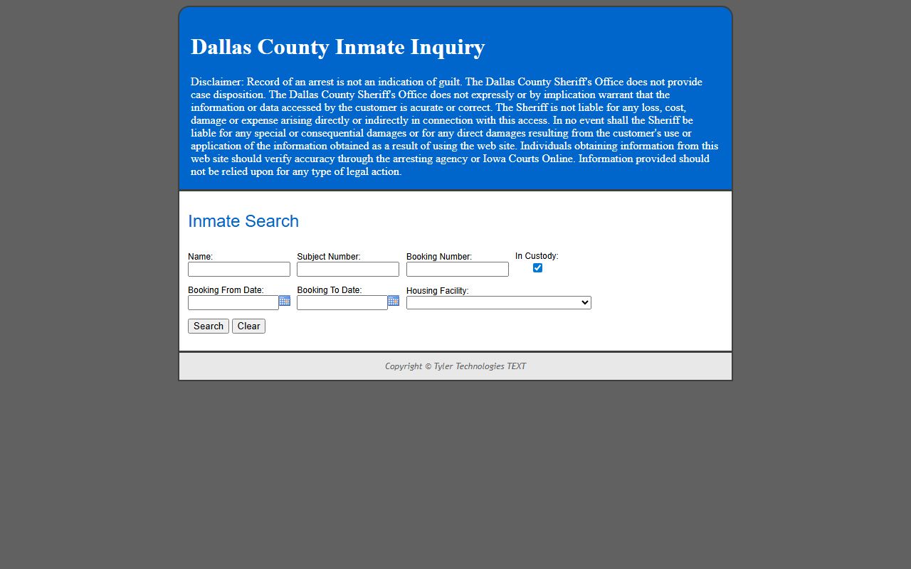 Dallas County inmate population search form and jail roster lookup